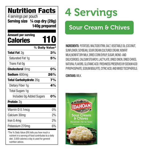 100% 4 4 (Pack 12) Idahoan Sour Cream & Chives Mashed Potatoes, Naturally Gluten-Free, Real Idaho Potatoes, servings