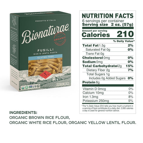 12 Oz Bionaturae Fusilli Pasta Noodles - Gluten Free Pasta Organic, Rice & Lentil Pasta, Kosher Certified, High