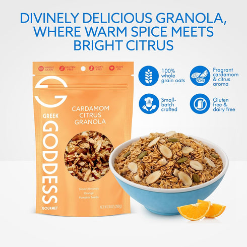 100% 10oz (3-Pack) Greek Goddess Gourmet Cardamom Citrus Granola with Almonds, Pumpkin Seeds, Wildflower Honey, Orange