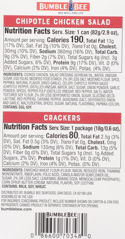 Pack 10g (Pack 12) Bumble Bee Snack On The Run! Protein Snack - Chipotle Chicken Salad with Crackers - Protein per Box