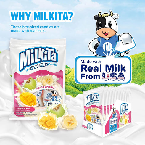 Milkita Creamy Shake Candy Bag - Gluten Free Chewy Candies with Calcium, 25 Pcs (Banana, Honeydew, Mango)