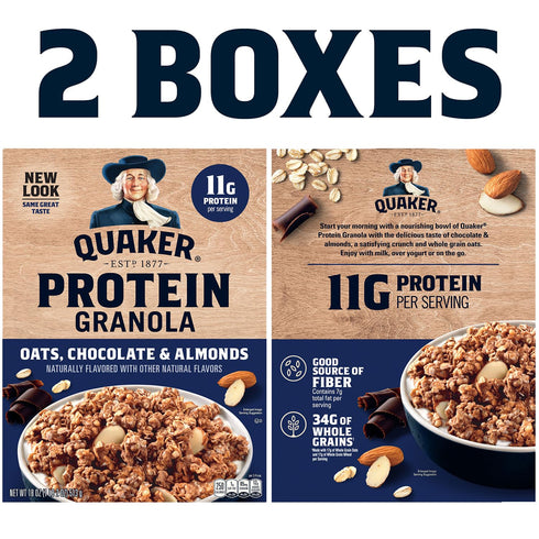 18oz (2 Pack) Quaker Protein Granola, Oats Chocolate, & Almonds, Boxes