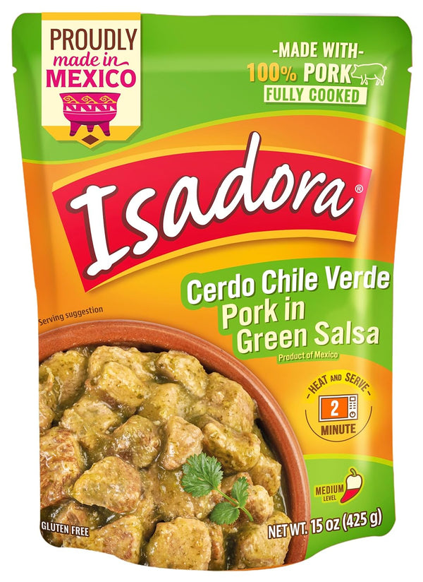 Isadora Fully Cooked Pork Chile Verde 15 oz Pouch, Ready-to-Eat Authentic Mexican