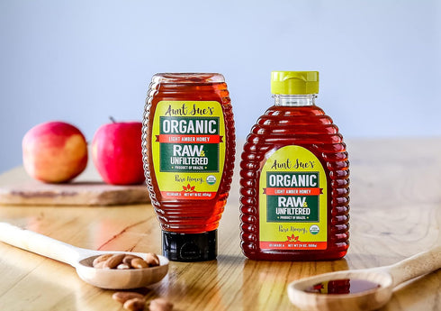 16 (Pack 1) Aunt Sues Raw & Unfiltered Organic Honey, Light Amber, USDA Organic, Ounce