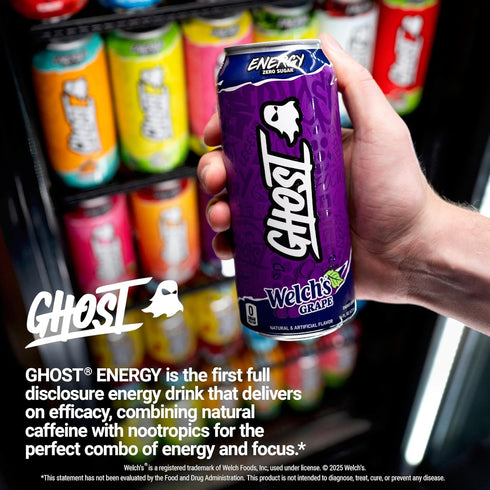 12-Pack, 16oz 200mg GHOST Energy Drink - Welch's Grape, Cans - Energy & Focus & No Artificial Colors - of Natural