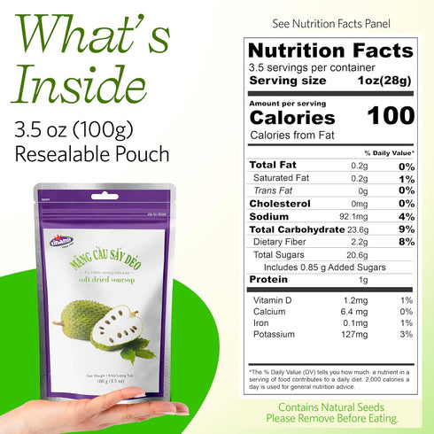 3.5 oz Vinamit Soft Dried Soursop | Soursop Fruit bag | Natural Tropical Fruit Snack | Vegan, Gluten-Free, Non-GMO |
