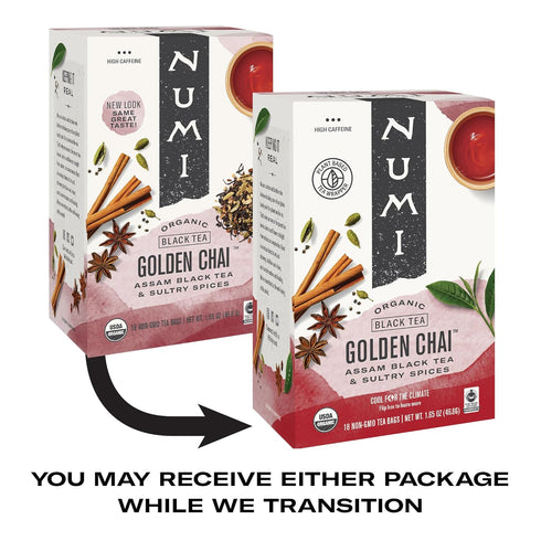 18 Numi Organic Golden Chai Tea, Tea Bags, Assam Black Tea, Cardamom, Ginger & Anise