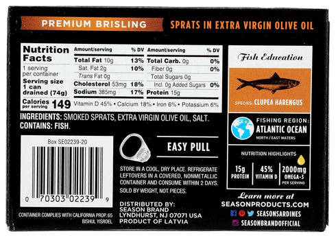 2 500MG 3, 3.75 OZ SEASON SARDINES SPRATS IN OLIVE OIL OMEGA