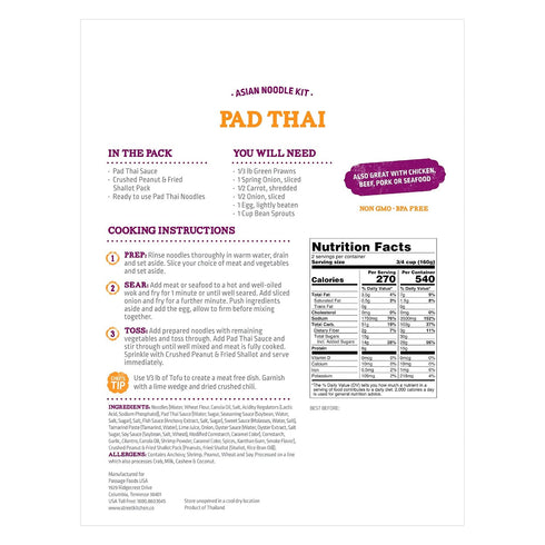 11oz, Pack 4 Passage Foods Street Kitchen Pad Thai Noodle Scratch Kit, NON-GMO, & BPA Free
