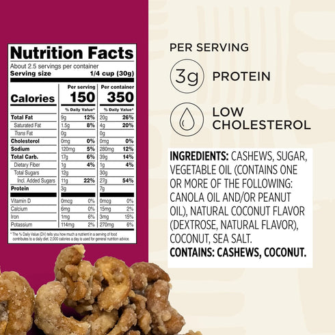 2.5 oz 6 Pack Snak Club Coconutty Cashews, Kettle Cooked Fancy Cashews with Toasted Coconut, Gluten-Free and Kosher