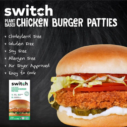 14g 4 14.1 Oz Switch Foods Plant-Based Chicken Burger Patties | Vegan | Protein | Soy, Gluten, GMO, Allergen, & Dairy