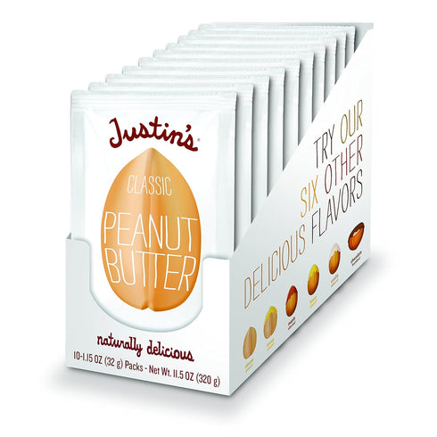 Justin's Classic Peanut Butter Squeeze Packs, Gluten-free, Non-GMO, only two ingredients, 10 Pack (1.15oz each)