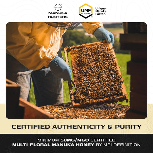50+ 100% 8.8oz/250g Manuka Hunters/MGO Certified New Zealand Manuka Honey - Pure Natural Sweetener - Gluten, Dairy Free