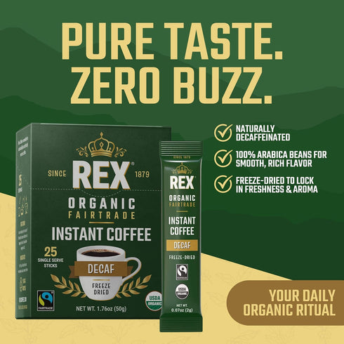 100 Packs Rex Coffee Organic Fairtrade Natural Decaf Freeze-Dried Instant Sticks Naturally Decaffeinated Arabica