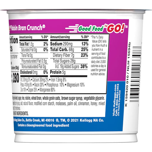 33.6oz (12 Kellogg's Raisin Bran Crunch Breakfast Cereal Cups, Fiber Cereal, Made with Real Fruit, Original, Case Cups)