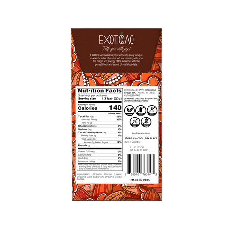 Exoticcao 4 Pack |70% Cacao|2.47 oz Organic Dark Chocolate Bars|Cane Sugar Sweetened|Gluten-Free, Vegan, Non GMO,Dairy