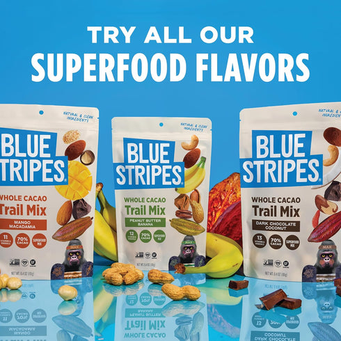 70% 4 Pack, 6.4 oz Blue Stripes - Trail Mix, Peanut Butter Banana, Cashews, Peanut Butter Chips, Healthy Snacks