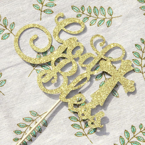 WeBenison God Bless Cake Topper, Gold Glitter for First Communion Baby Shower Party Decorations