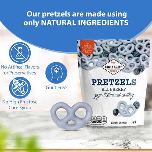5 oz Hayden Valley Foods Blueberry Yogurt Flavored Covered Pretzels | Resealable Bag | Gourmet Flavored Blue Pretzels