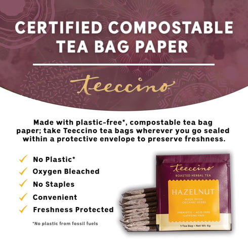 Teeccino Hazelnut Roasted Herbal Tea - Caffeine Free, Prebiotic, 3x More Herbs, 10 Tea Bags