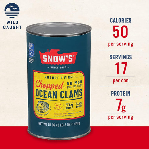51 oz 7g 99% Snow's Ocean Chopped Clams Canned, Can - Protein per Serving - No MSG, Fat Free - Great for Pasta