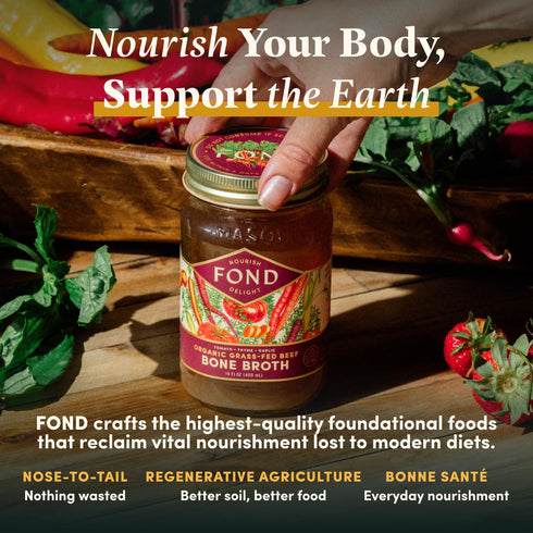 Slow-Simmered 14 oz (4-Pack) FOND Regenerative Grass Fed Beef Bone Broth Infused with Organic Tomato & Thyme Beef Broth