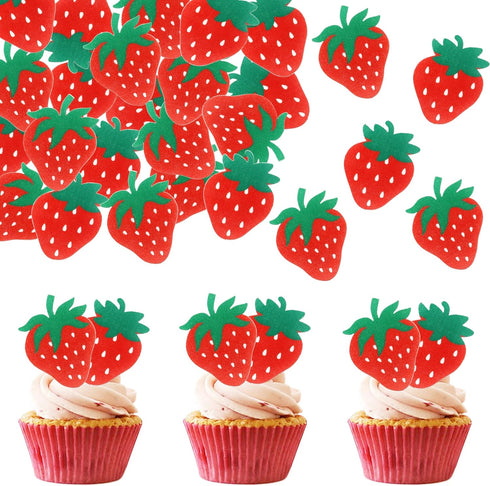 60 PCS Edible Strawberry Cupcake Toppers Wafer Paper Sweet Berry Cupcake Picks