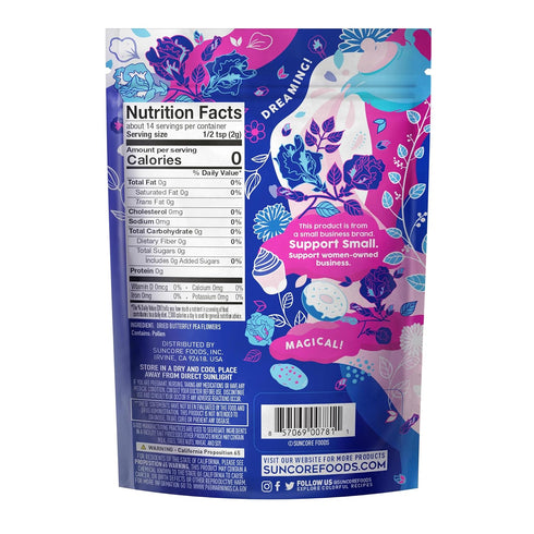 Suncore Foods Dried Butterfly Pea Flowers, Caffeine-Free Tea, Gluten-Free, Non-GMO, 1oz Pack