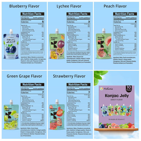 10 Pack Pack, 10 Hethstia Konjac Noodle Angel Hair and Konjac Jelly Variety Pouches Drinkable Jelly Blueberry, Peach