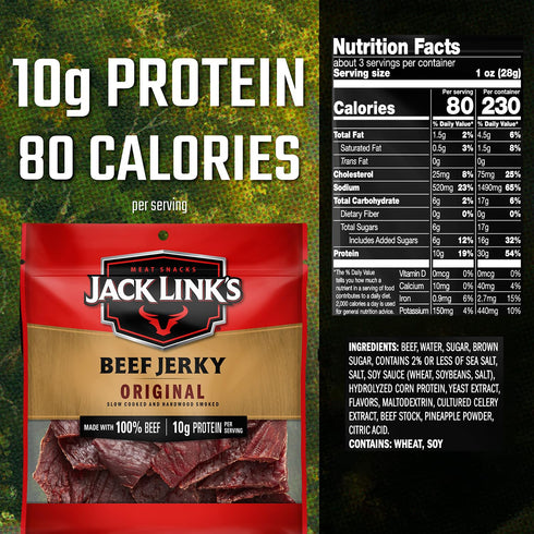 10g 80 100% 2.85 Oz. Jack Link's Beef Jerky, Original Jerky Bag Flavorful Meat Snack, Ready to Eat Protein Snack