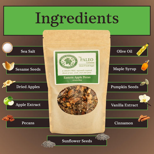 3 Pack Maple Nut Kitchen Eastern Apple Pecan Paleo Granola Grain Free, Vegan, Gluten Free, No Sugar Added, Low Carb
