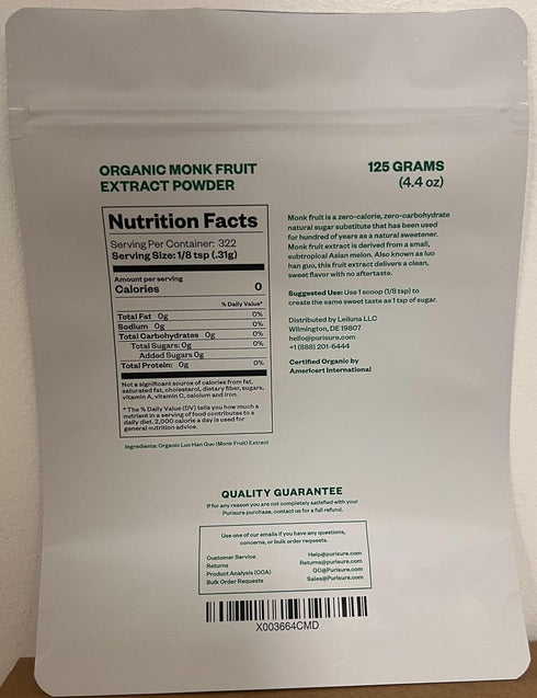 Organic Monk Fruit Sweetener, 125g (4.41oz), Pure USDA Organic Monk Fruit Extract Powder, Zero Calorie & Zero Carbs