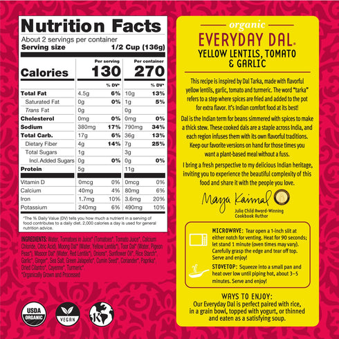 (Pack 6) Maya Kaimal Foods Organic Indian Everyday Dal of Fully Cooked Ready to Eat Meals w/Yellow Lentils, Tomato