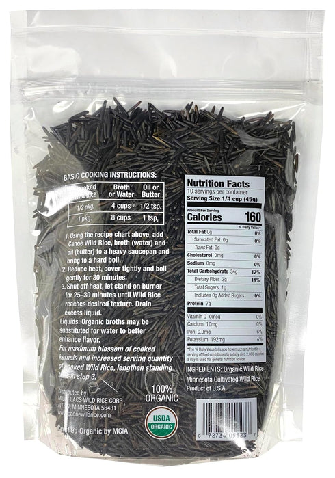 100% 1 lb Canoe Organic Whole Grain Wild Rice, Minnesota Harvested