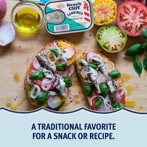 3.75 oz (Pack 12) 13g Beach Cliff Wild Caught Sardines in Soybean Oil, Can of - Protein per Serving - Gluten Free, Keto