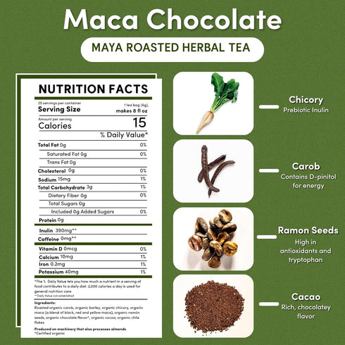 25 (Pack 3) Teeccino Maca Chocolat Herbal Tea - Tea Bags - Adaptogenic Peruvian Maca, Cacao, Chicory, Prebiotic