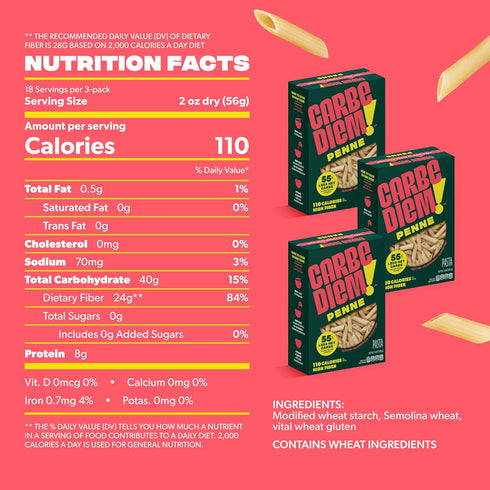 Elbow 8 55% 110 2 Packs 3 Carbe Diem!, Penne & Bundle, Lower Net Carb Pasta with Traditional Flavor & Texture, grams