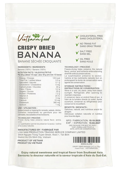 2.47 oz (70g) CRISPY DRIED BANANA VIETFARMFOOD: Freeze-dried, no sugar added, naturally sweet. Nutritious, pure