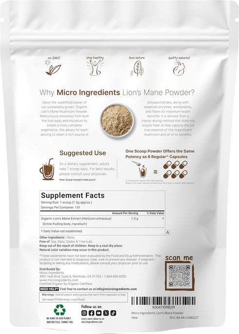 8oz Immune Micro Ingredients Organic Lions Mane Mushroom Powder, | Pure Fruiting Body Superfood | Supports Brain