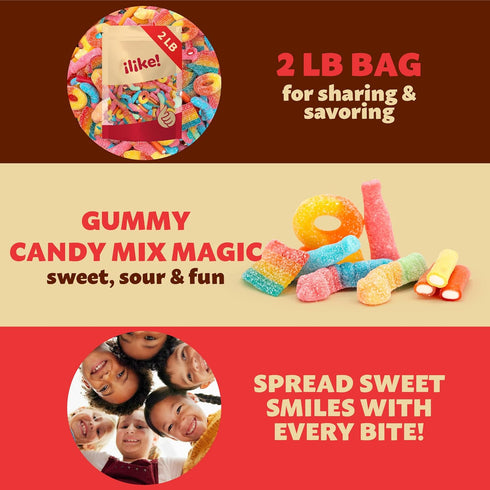 Gummy 2-Pound Gummies Candy Mix | Bag | Peach Rings, Pencil Bites, Neon Worms, Bottles, Belts | Sweet & Sour for Candy