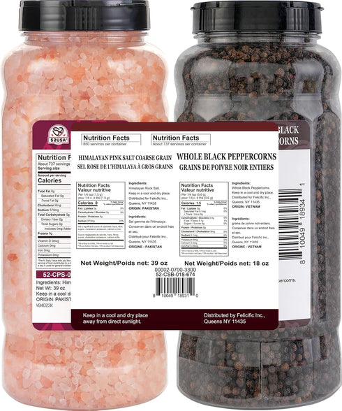 52USA 18 oz 39 oz, 2 Set Whole Black Peppercorns + Himalayan Pink Salt (Coarse Grain) Salt and Pepper Grinder, Black
