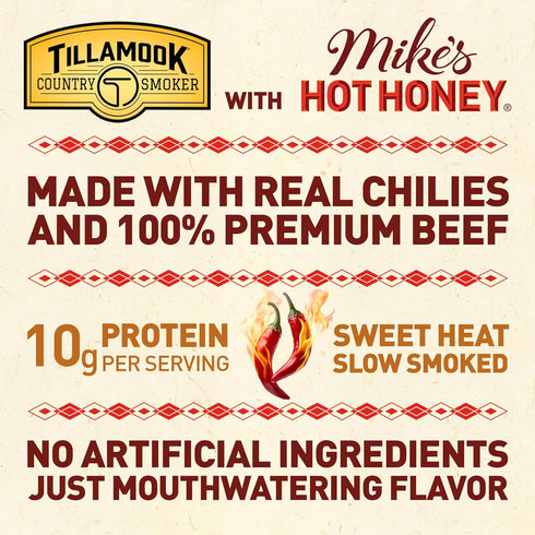 Country 6.5 Tillamook Smoker Premium Beef Jerky, Mike's Hot Honey, Ounce, Real Hardwood Smoked Beef, Low Carb, High