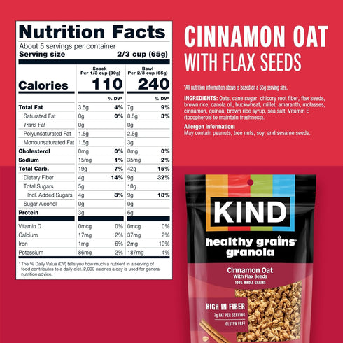 6g 11oz, 6 Count Kind Healthy Grains Granola, Cinnamon Oat Clusters with Flax Seeds, Gluten Free, Healthy Snack Mix