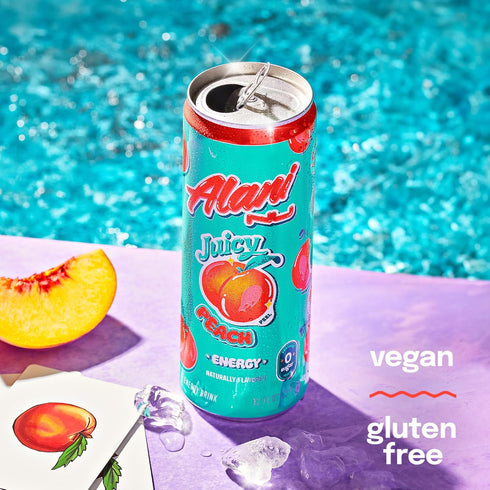 200mg 10 12 Oz 24 Pack Alani Nu JUICY PEACH, Sugar Free, Low Calorie Energy Drinks, Caffeine, Biotin, B Vitamins, Zero