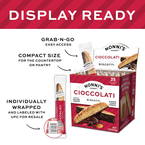 21.5 oz Nonni's Cioccolati Dark Chocolate Almond Biscotti Cookies Individually Wrapped Italian Coffee Snack, Crunchy