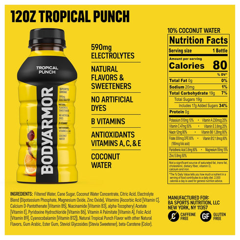 12 Oz (8 Pack), BODYARMOR Sports Drink, Tropical Punch, Electrolyte Drink Hydration, Fl Bottles Flavored Coconut Water