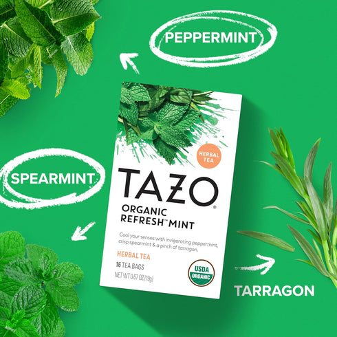 16 TAZO Organic Refresh Mint Herbal Tea Bags with Peppermint and Spearmint, Caffeine Free, Total Tea Sachets