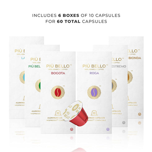 Pack (6-Flavor Multipack, 60 Count) Piu Bello Espresso Coffee Pods for Nespresso Original Machines Variety Light Roast