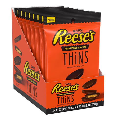 Packs, 3.1 oz (8 Count) REESE'S THiNS Dark Chocolate Peanut Butter Cups, Candy