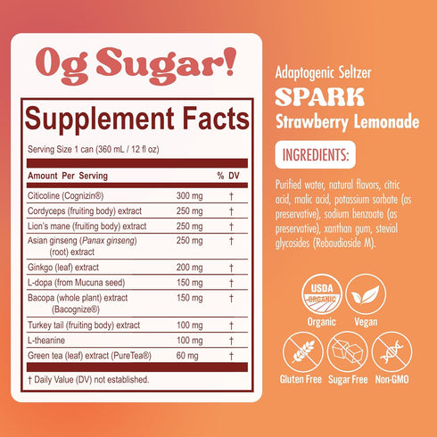 12 Oz Polkadot Spark Seltzer, Strawberry Lemonade Flavor, Sparkling Drink with L-Theanine, Lions Mane, Ginkgo